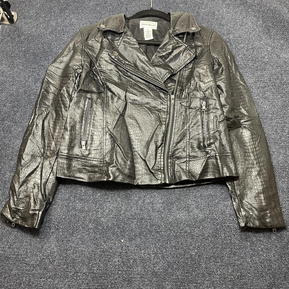 For The Republic Jacket Womens Medium Black Faux Leather Biker Croc Print Zip